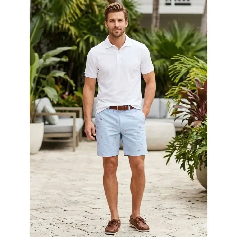 J.Crew Gramercy Chino Shorts Light Blue Flamingo Print Vacation Preppy Novelty